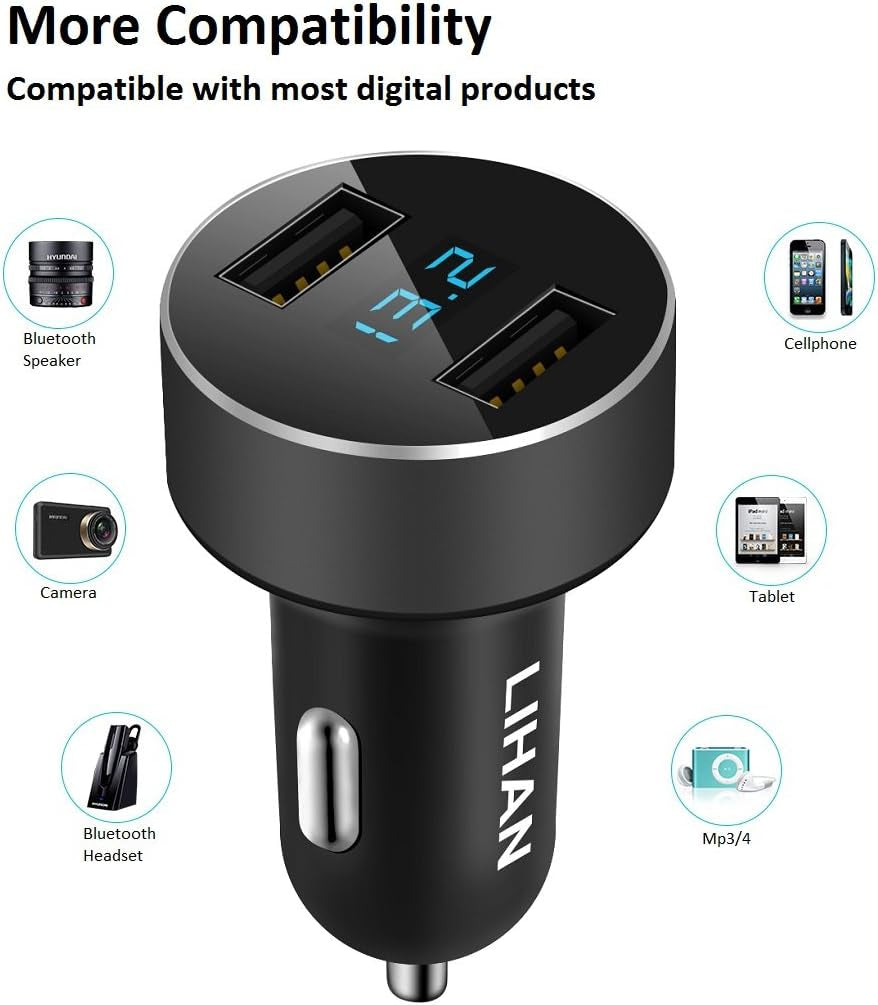 Dual USB Car Charger, 4.8A Output, 12/24 Volt USB Adapter Plug for Cigarette Lighter Voltage Meter, Compatible with Iphone,Ipad, Samsung Galaxy, LG, Google, Black